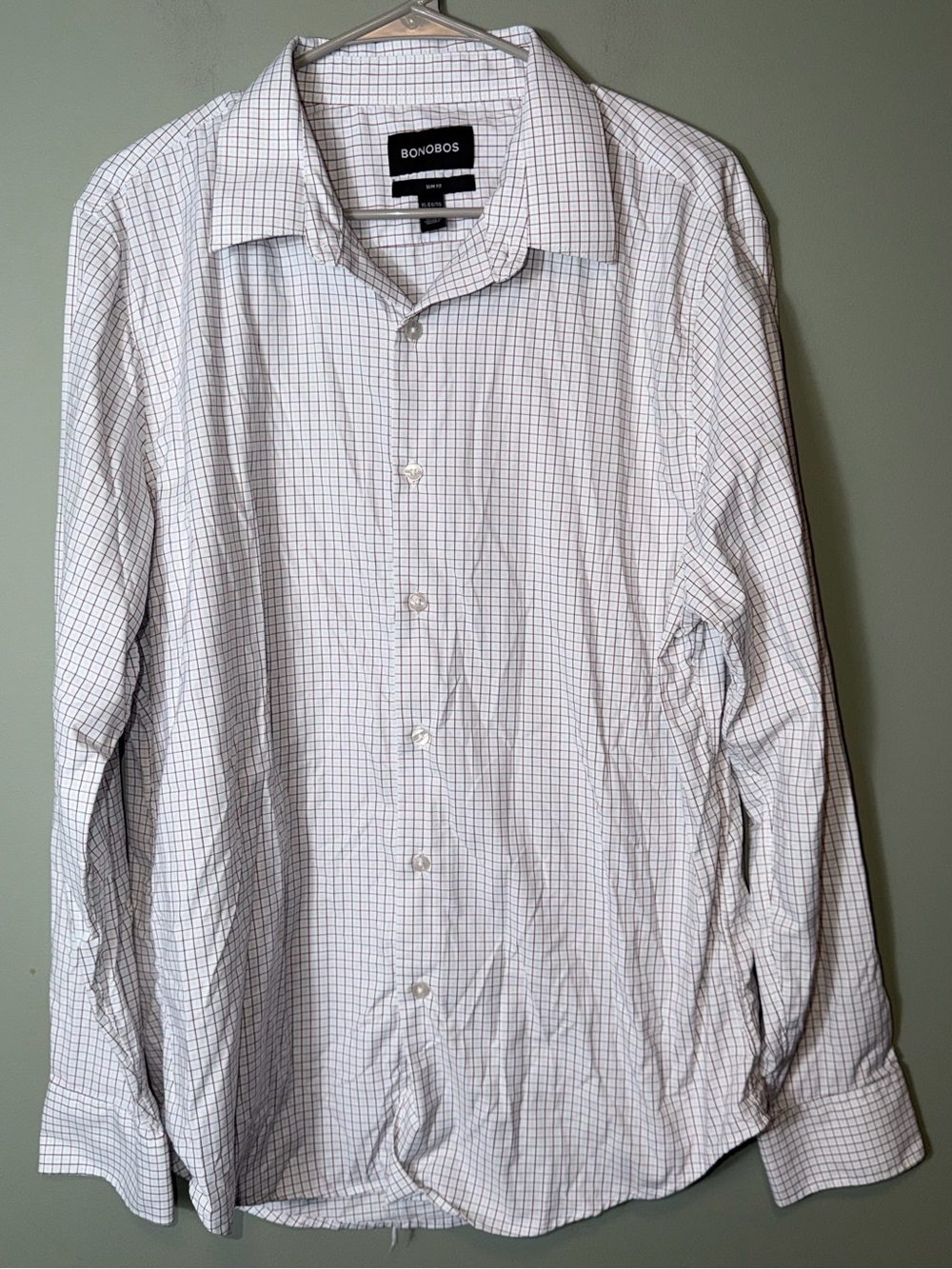 Bonobos White Dress Shirt with Light Blue Windowpane Check Slim Fit XLarge